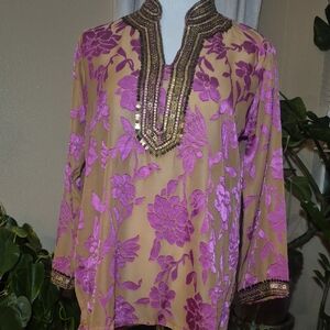 Floral Embroidered Women's Top - Purple and Tan